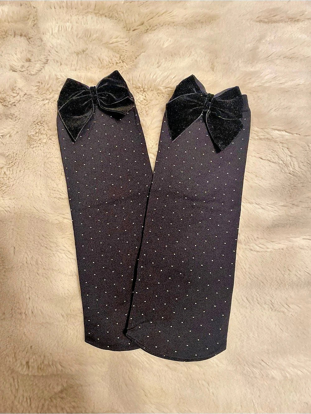 Girls Black Knee High Socks w/ Velvet Bows & Rhinestones - One Size 6-7 / New